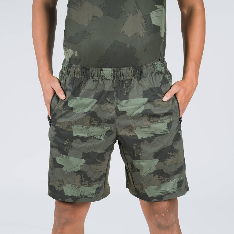 Men Sports Gym Shorts   Polyester With Zip Pockets - Khaki