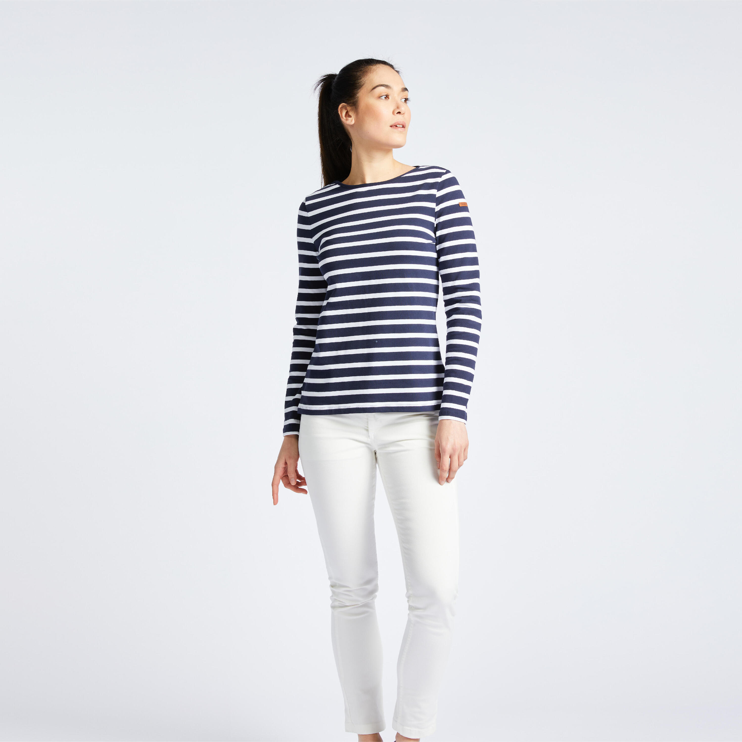 Women's Sailing Long-sleeved Sailor's T-shirt 100 blue white 7/8