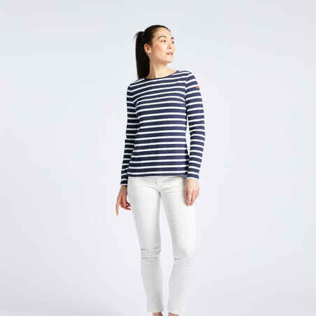 Women's Sailing Long-sleeved Sailor's T-shirt 100 blue white