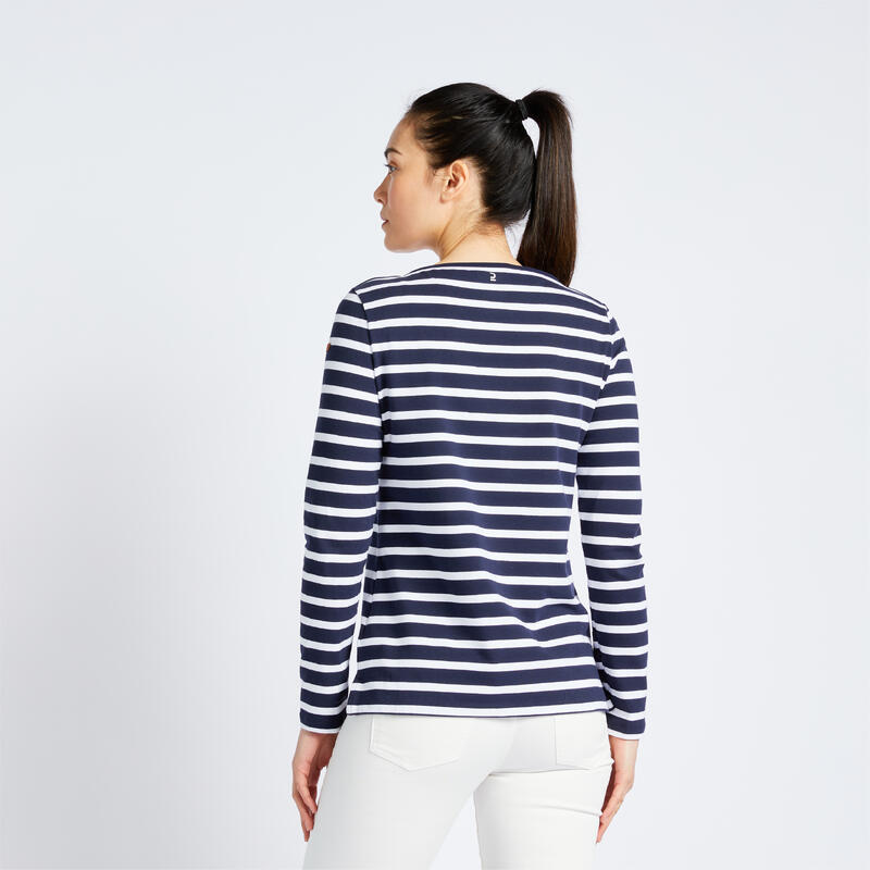 Streepjesshirt met lange mouwen voor dames Sailing 100 blauw wit