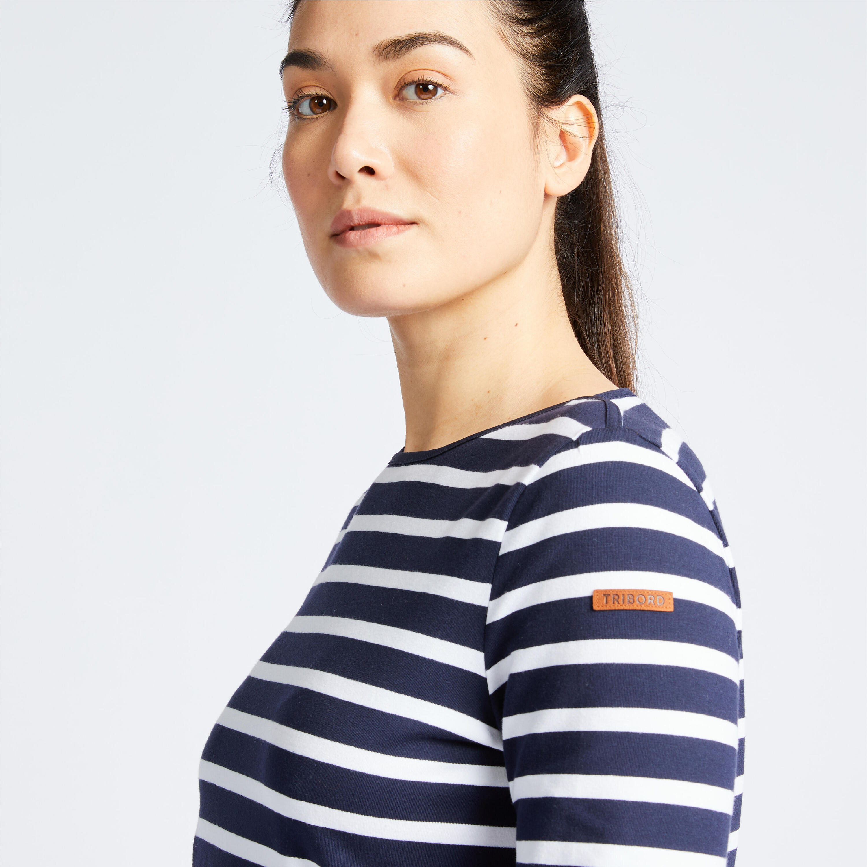 Women's Sailing Long-sleeved Sailor's T-shirt 100 blue white 4/8