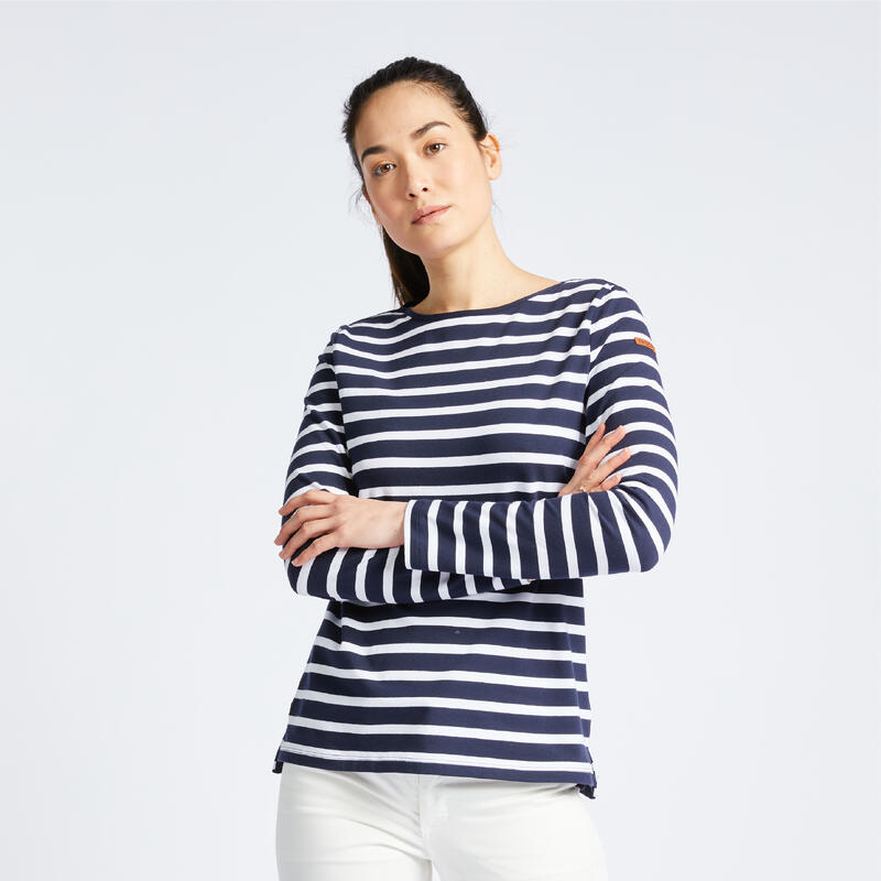 Streepjesshirt met lange mouwen voor dames Sailing 100 blauw wit