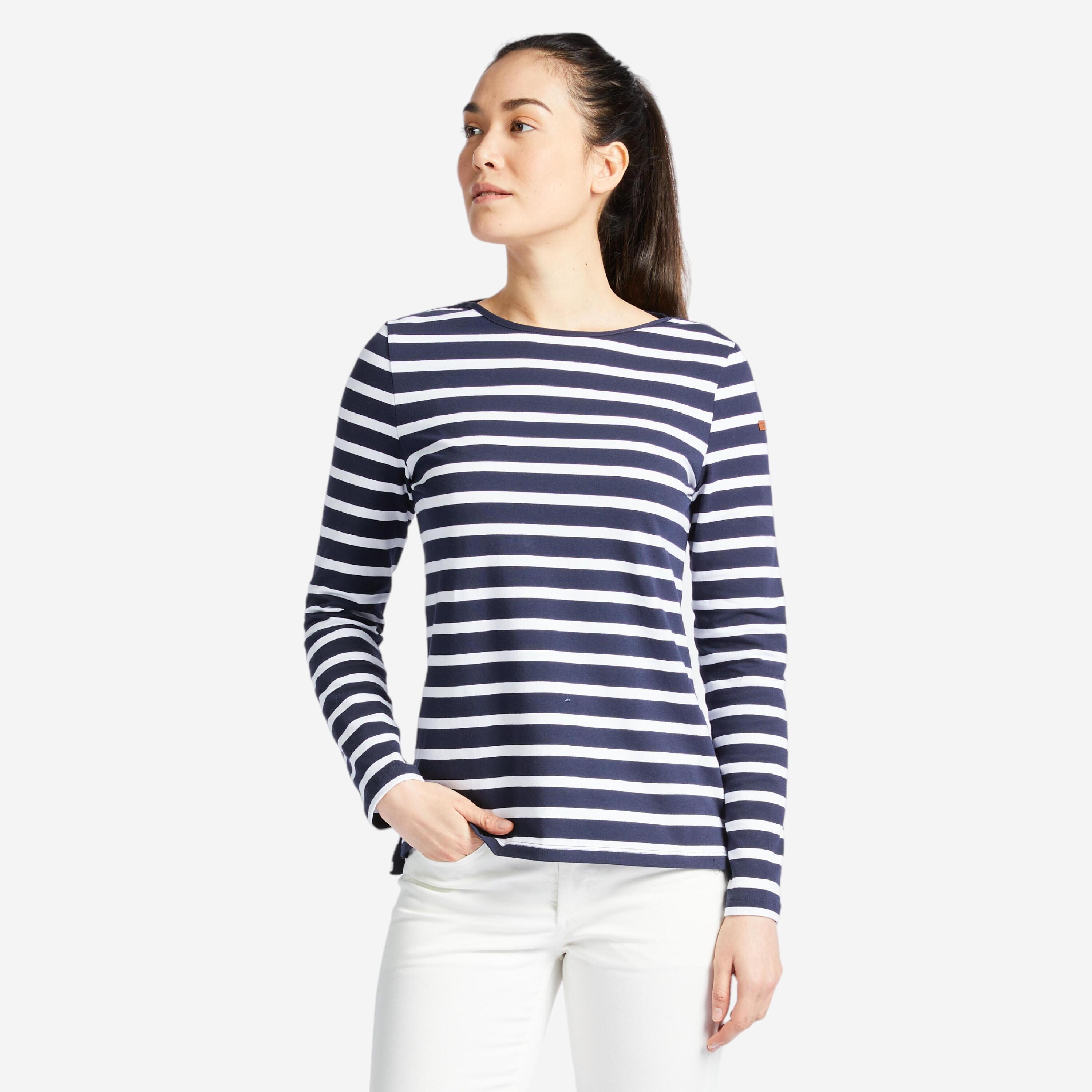 Women's Sailing Long-sleeved Sailor's T-shirt 100 blue white TRIBORD ...