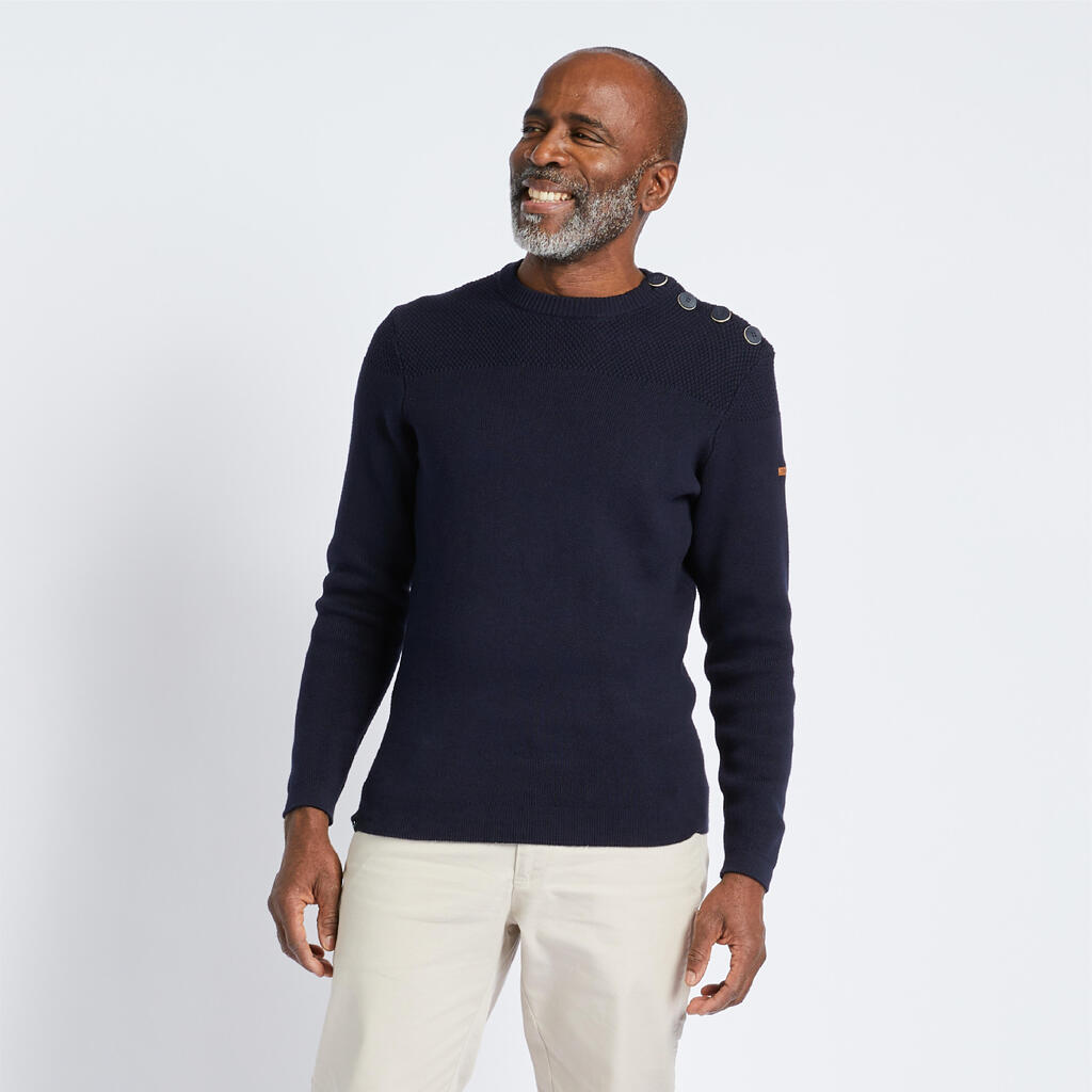 Men’s knitted navy pullover, 100 beige with navy blue stripes