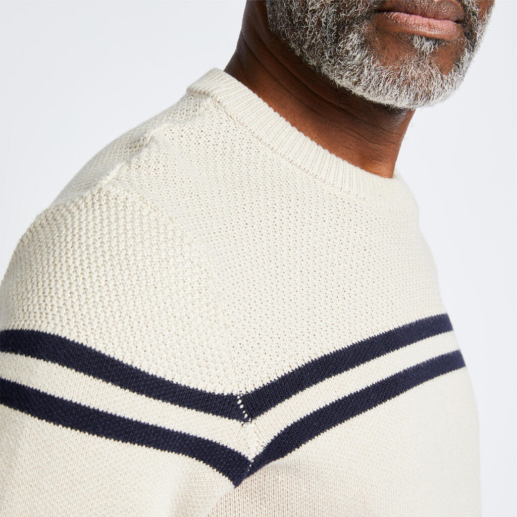 Pull marin tricoté homme, 100 beige rayé bleu navy