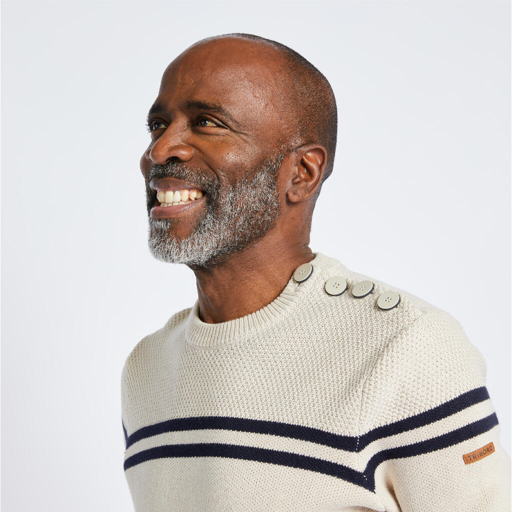 Pull marin tricoté homme, 100 beige rayé bleu navy