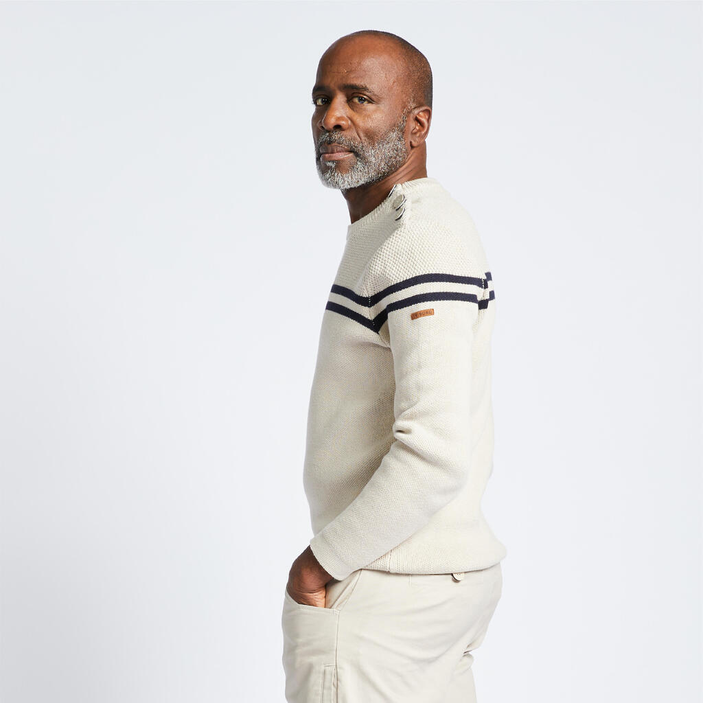 Pull marin tricoté homme, 100 beige rayé bleu navy