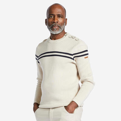 Segelpullover gestrickt Herren 100 beige/dunkelblau gestreift