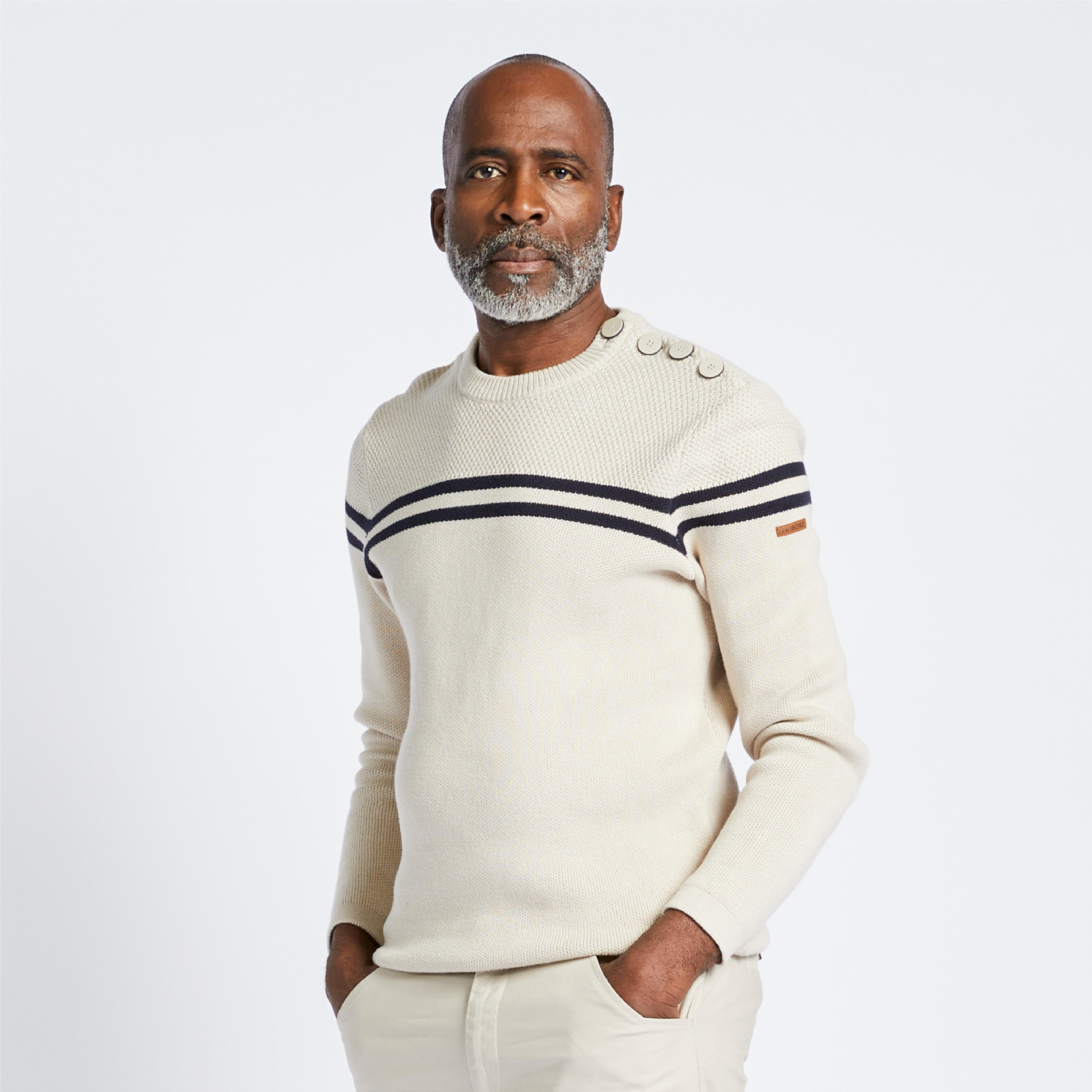 Men's blue-striped beige navy sweater