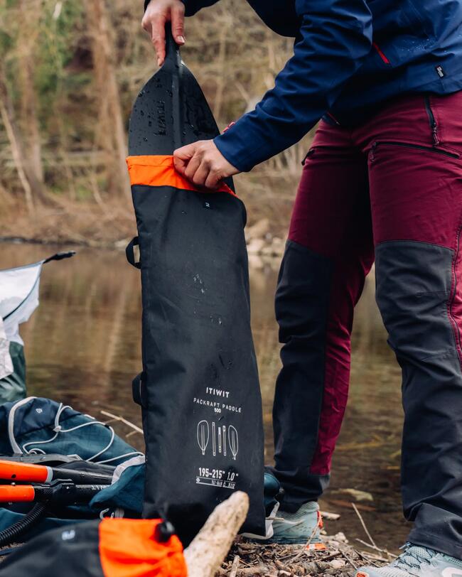 Person am Fluss mit schwarzer Tasche und orangefarbenem Streifen. Trägt blaue Jacke, rote Hose. Natur im Hintergrund.