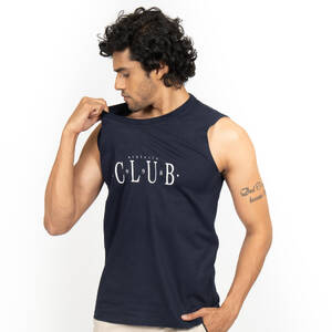 Men's Straight-Cut Crew Neck Cotton Fitness Tank Top 500 Cosmeto - Navy