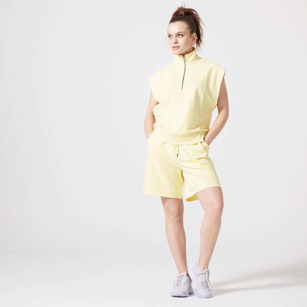 Women's Wide-Leg Fitness Cycling Shorts 520 - Pastel Yellow