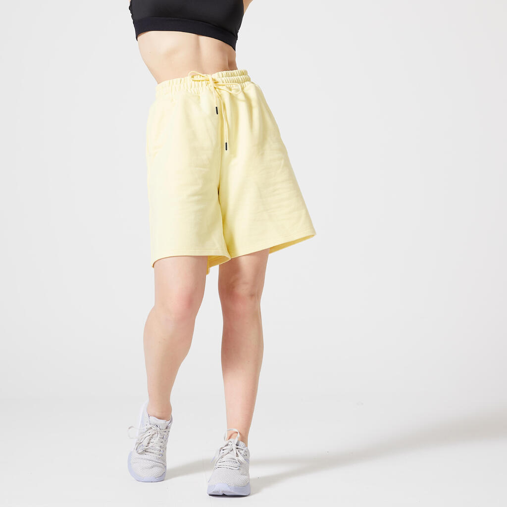 Women's Wide-Leg Fitness Cycling Shorts 520 - Pastel Yellow