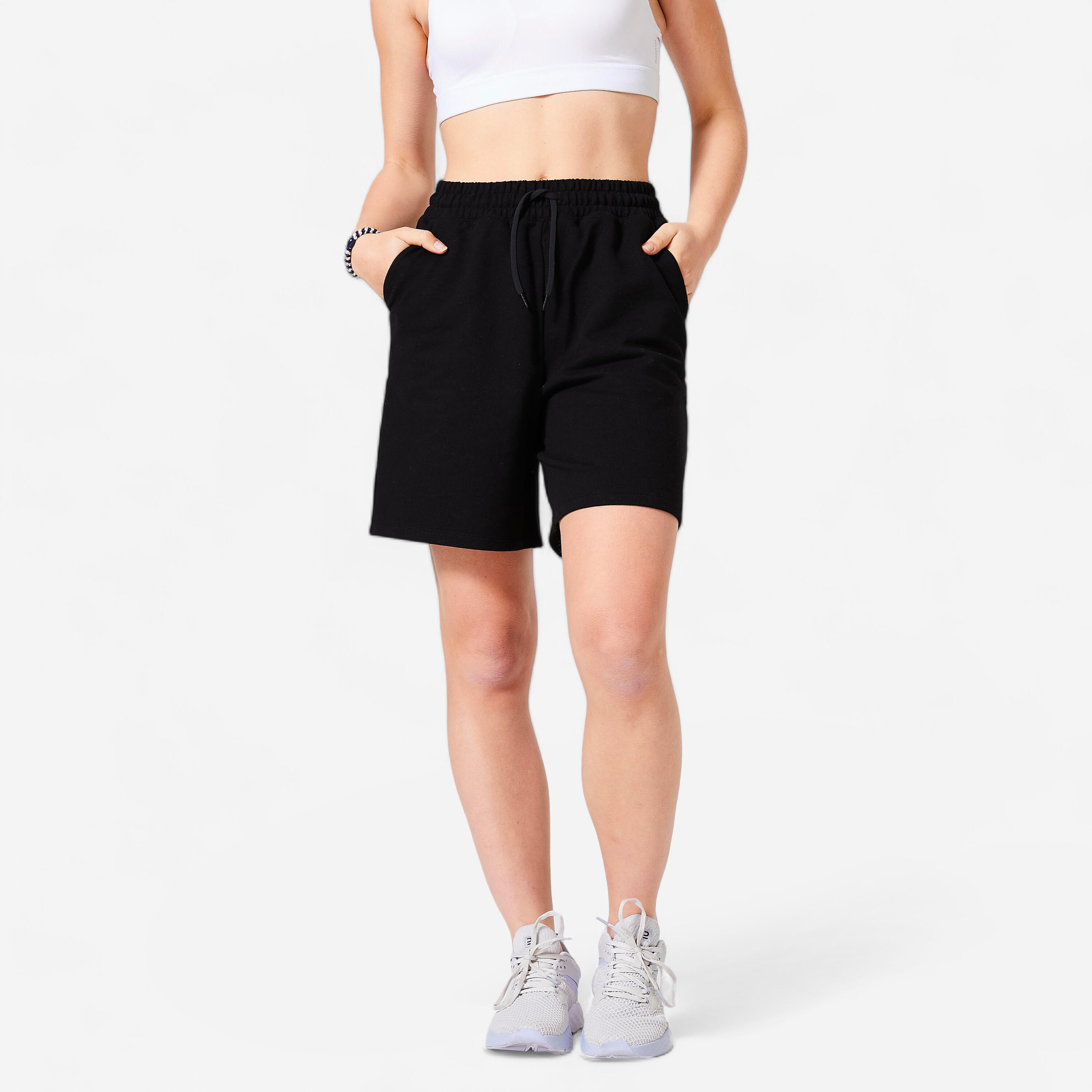 DOMYOS Pantaloncini donna fitness 520 ampi vita alta misto cotone neri