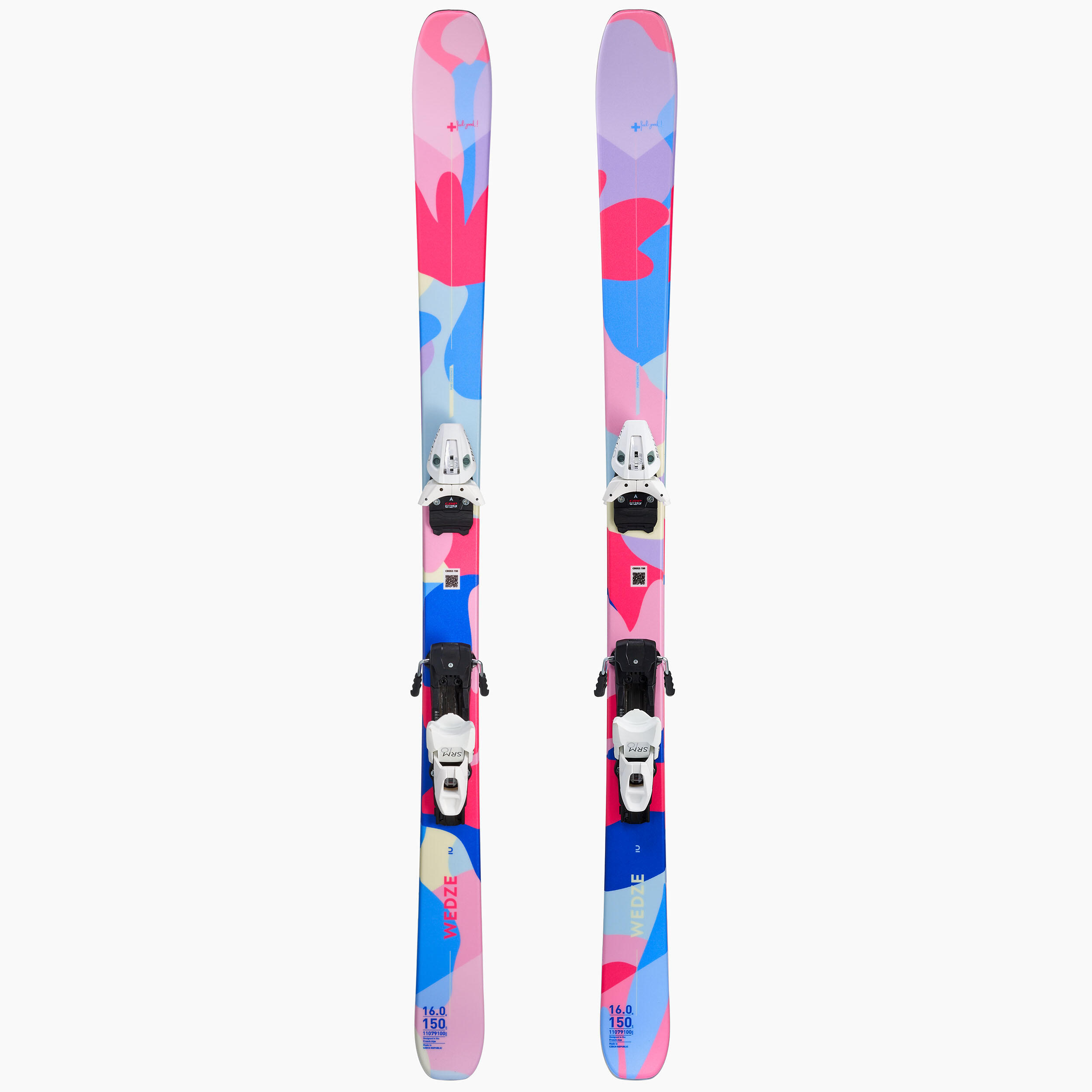 Women’s Downhill Skis & Bindings Cross 150+ Floral myosotis blue, fluo neon pink, fluo pale