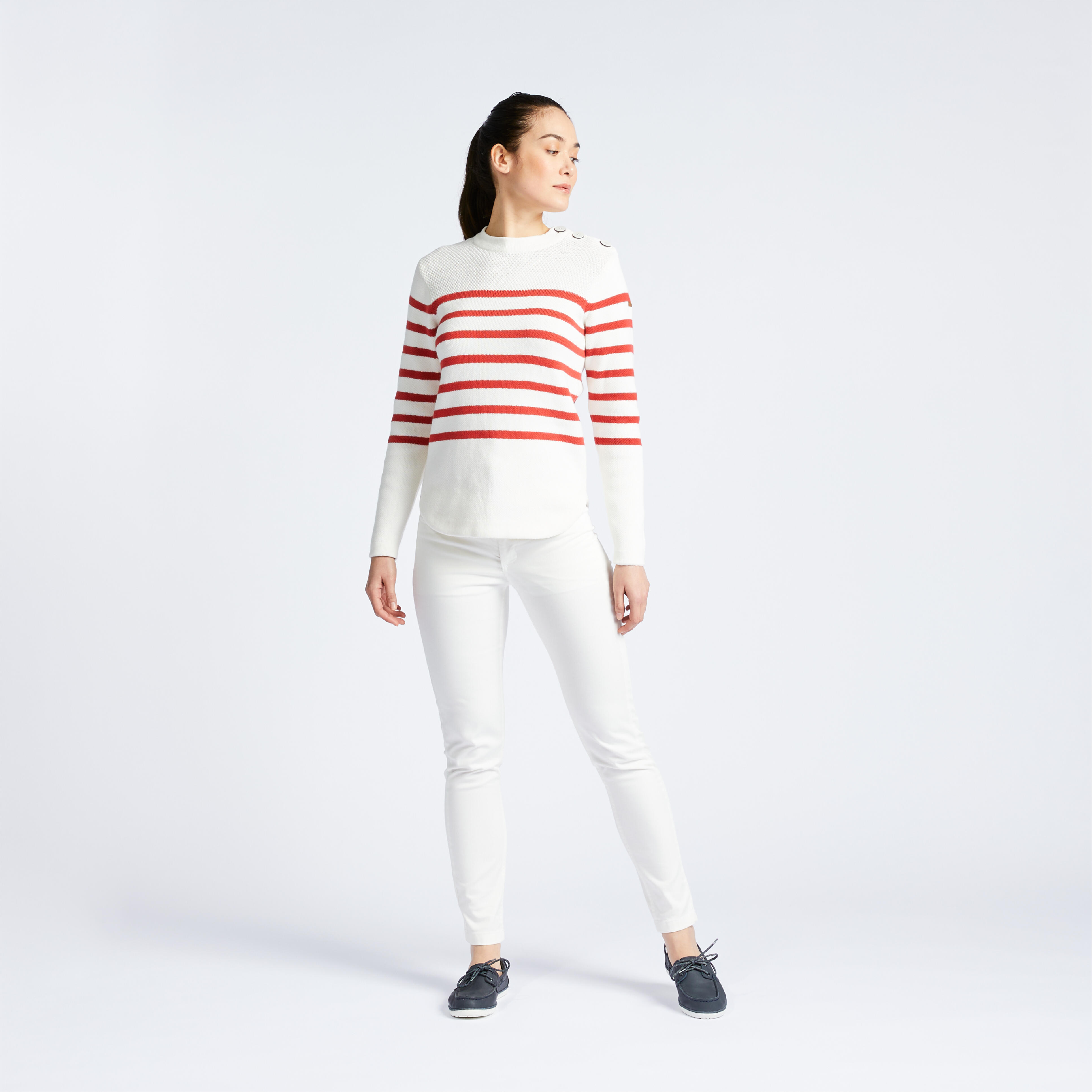 TRIBORD Schipperstrui voor dames 100 beige met marineblauwe strepen Decathlon