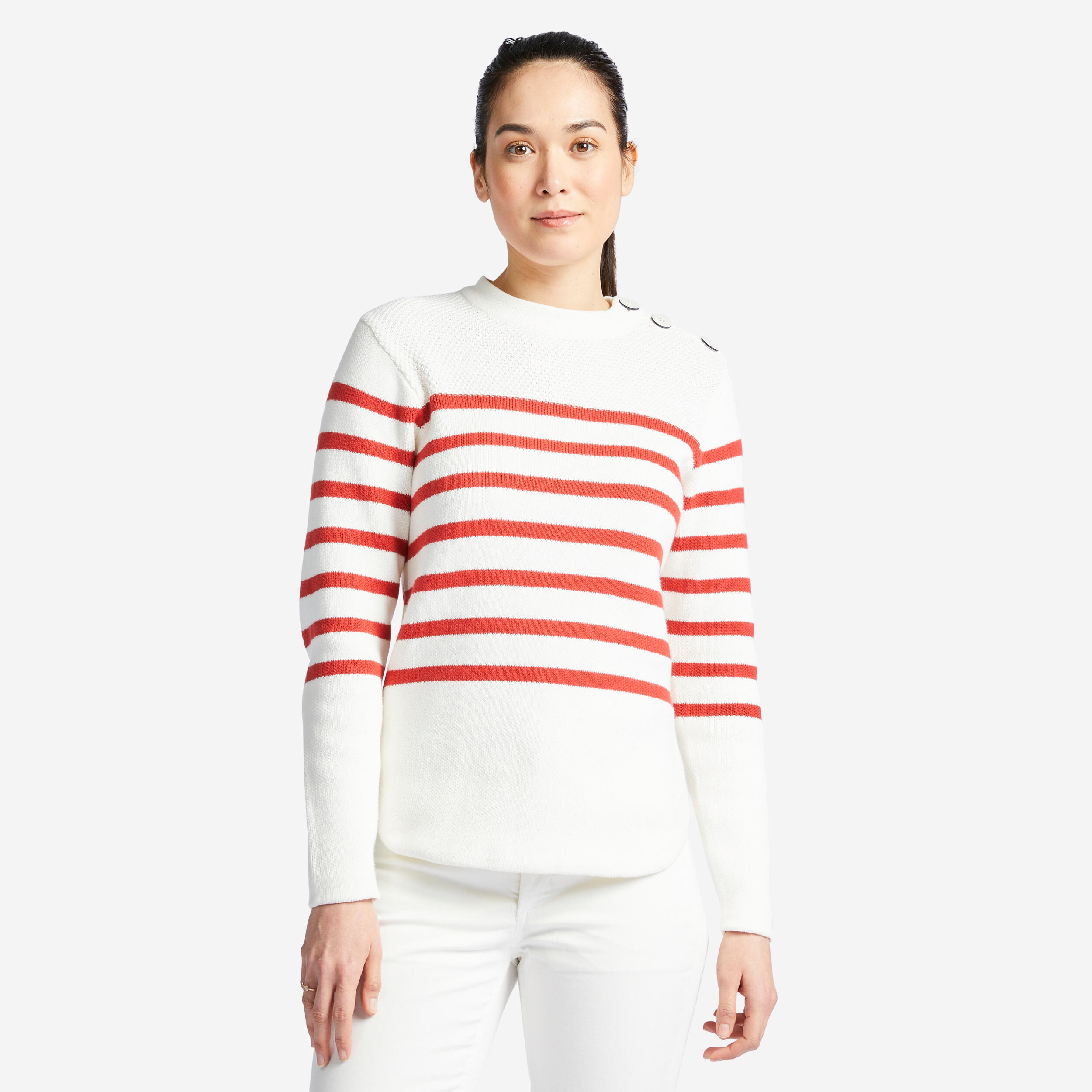 pull marin femme blanc rayé rouge - tribord