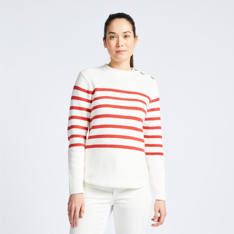 Női pulóver vitorlázáshoz, fehér, piros csíkos