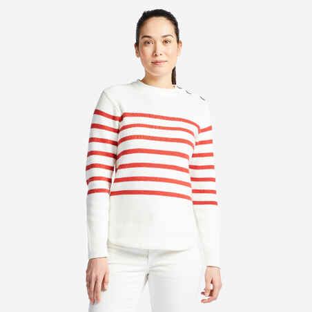 Bel in rdeč črtasti ženski jadralni pulover