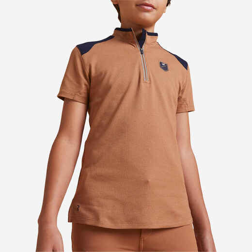 
      Kids' Horse Riding Short-Sleeved Zip-Up Polo Shirt 500 - Caramel
  