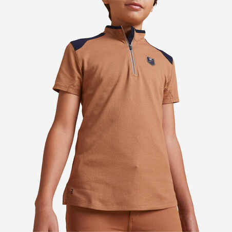 Kids' Horse Riding Short-Sleeved Zip-Up Polo Shirt 500 - Caramel