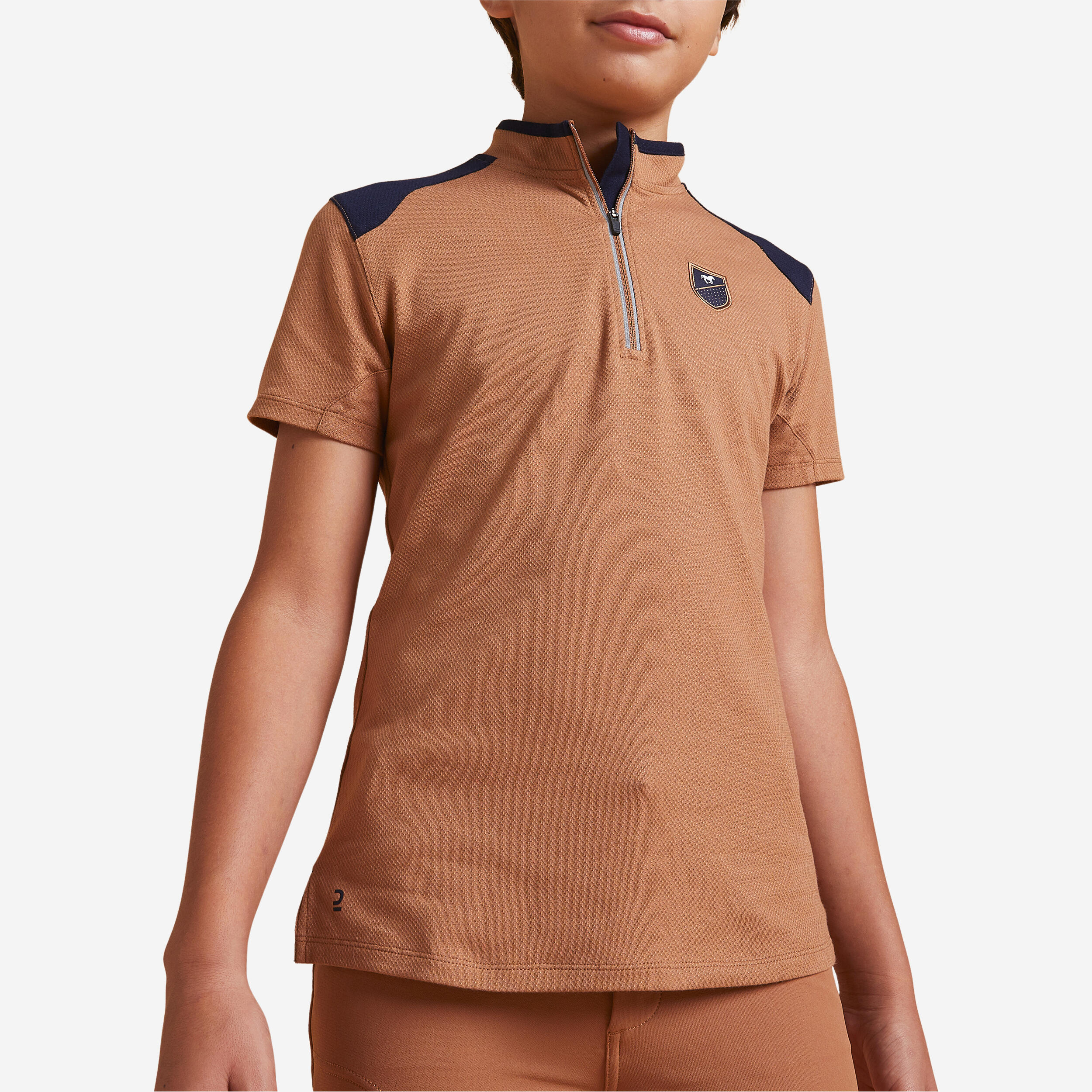 Kids' Horse Riding Short-Sleeved Zip-Up Polo Shirt 500 - Caramel 1/3