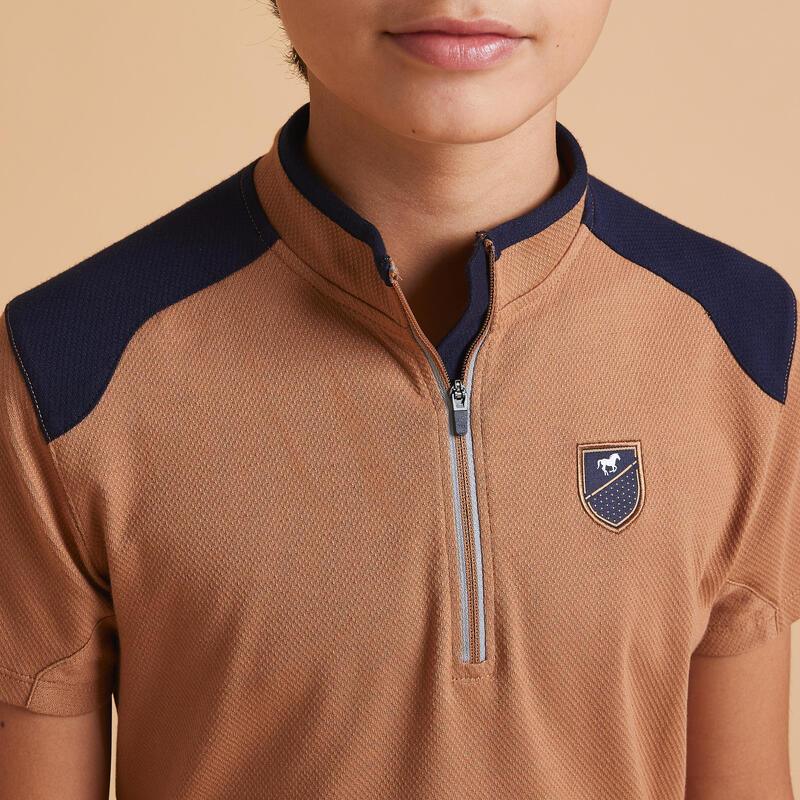 Reit-Poloshirt Kinder kurzarm Reissverschluss - 500 karamell