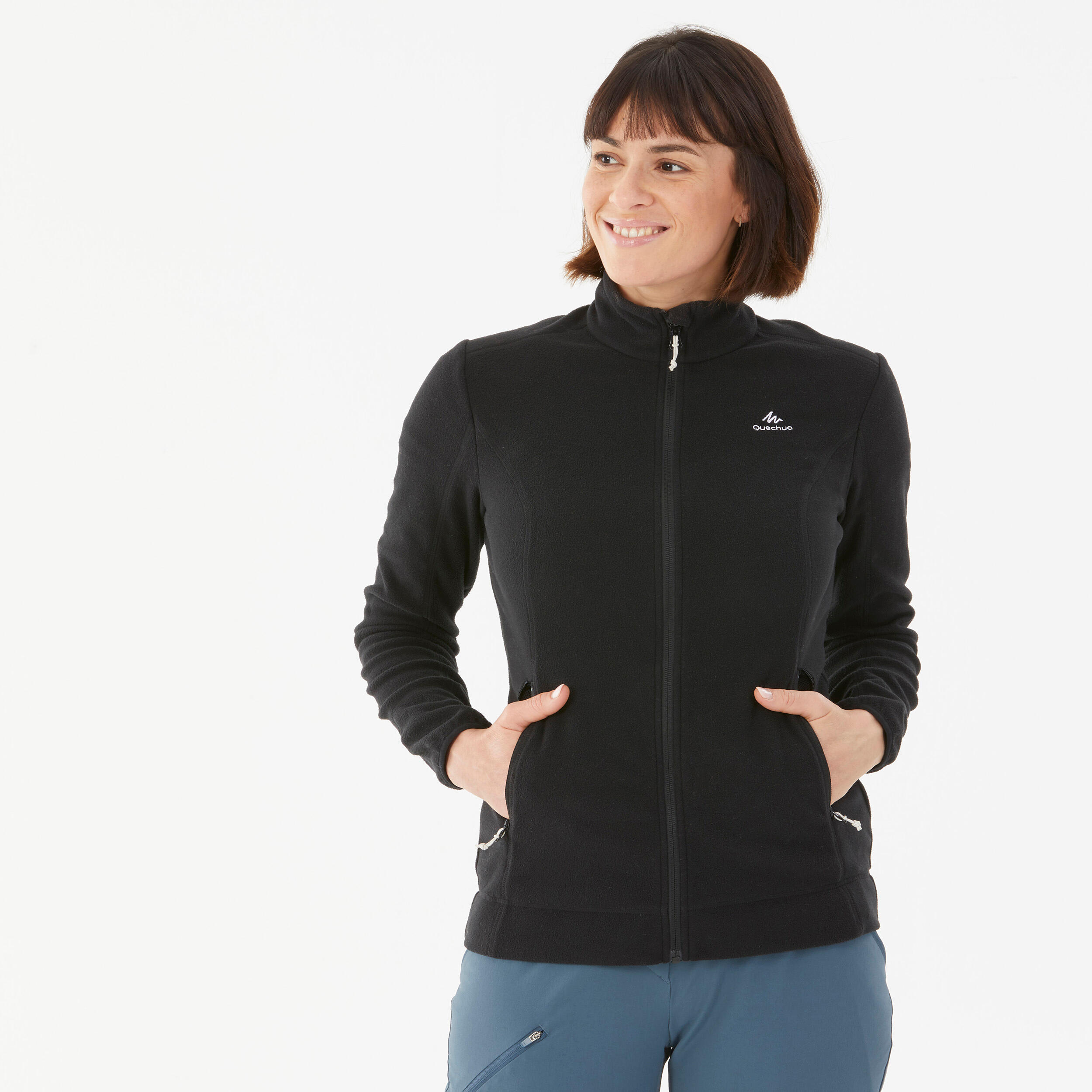 Women Sweater Full-Zip Fleece for Hiking MH100 Black