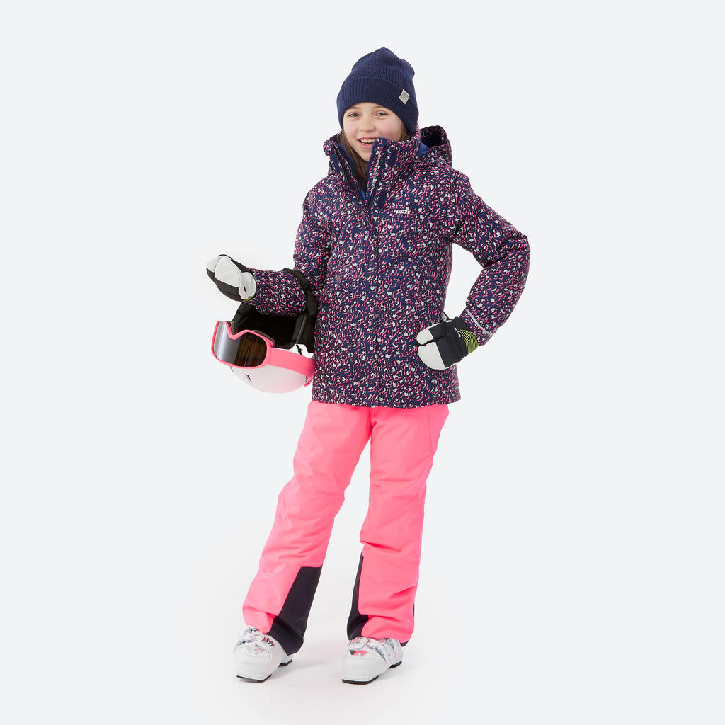 Detská hrejivá a nepremokavá lyžiarska bunda 500 vzor leopard