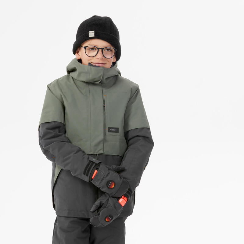 Lange en stevige snowboardjas voor jongens SNB 500 kaki