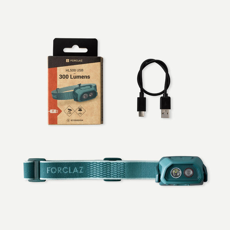 Oplaadbare hoofdlamp voor trekking 300 lumen HL500 usb V3 turquoise