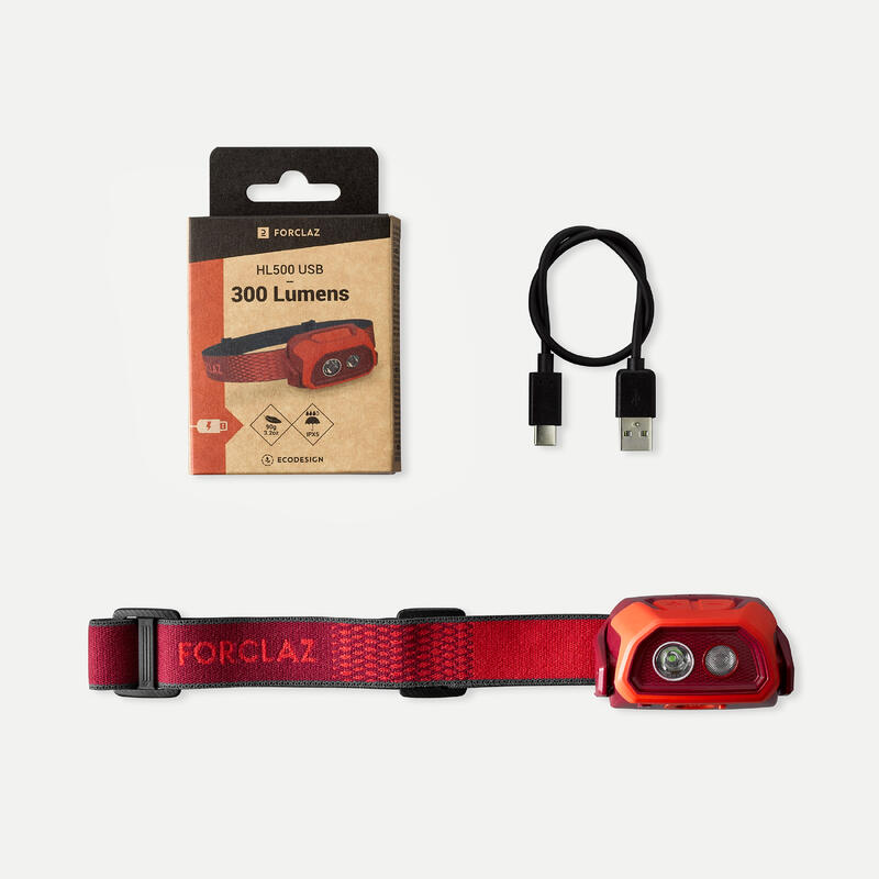 Lampada frontale trekking ricaricabile HL500 USB V3 rossa | 300 lumens