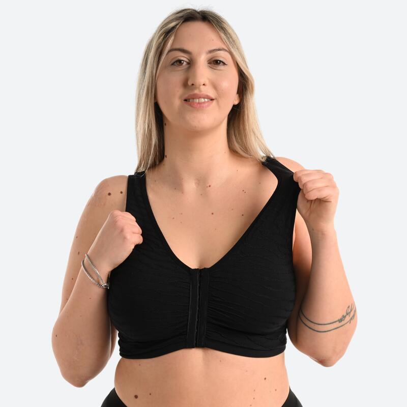 Reggiseno sportivo donna palestra sostegno leggero apertura davanti nero