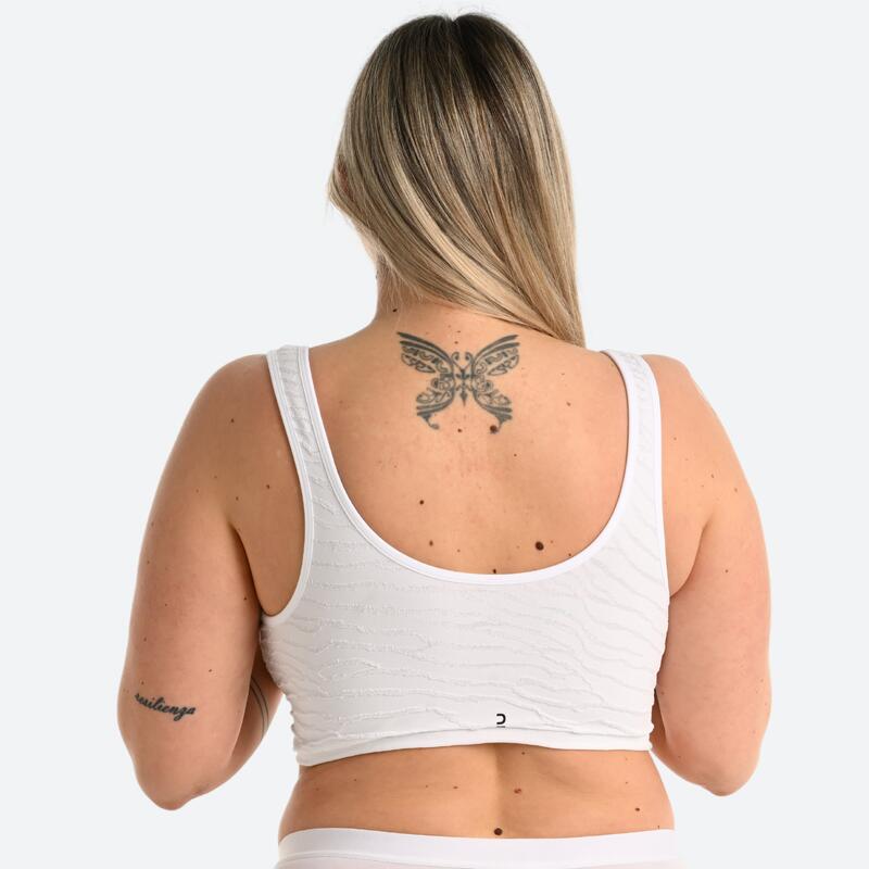 Reggiseno sportivo donna palestra sostegno leggero apertura davanti bianco