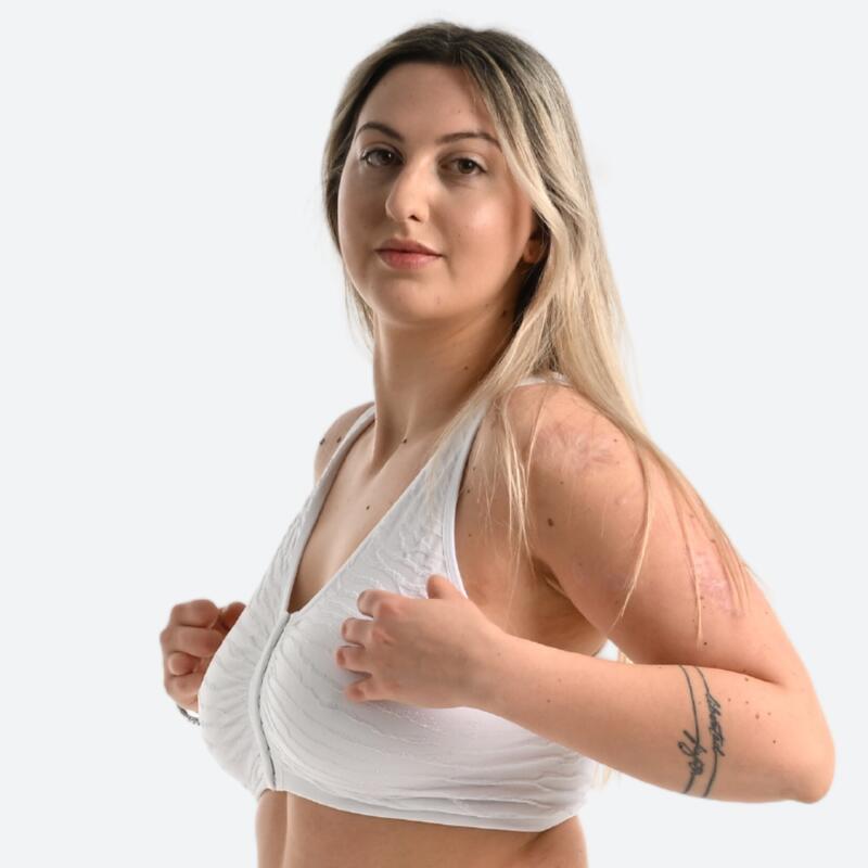 Reggiseno sportivo donna palestra sostegno leggero apertura davanti bianco