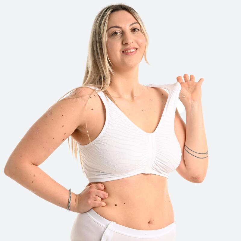 Reggiseno sportivo donna palestra sostegno leggero apertura davanti bianco