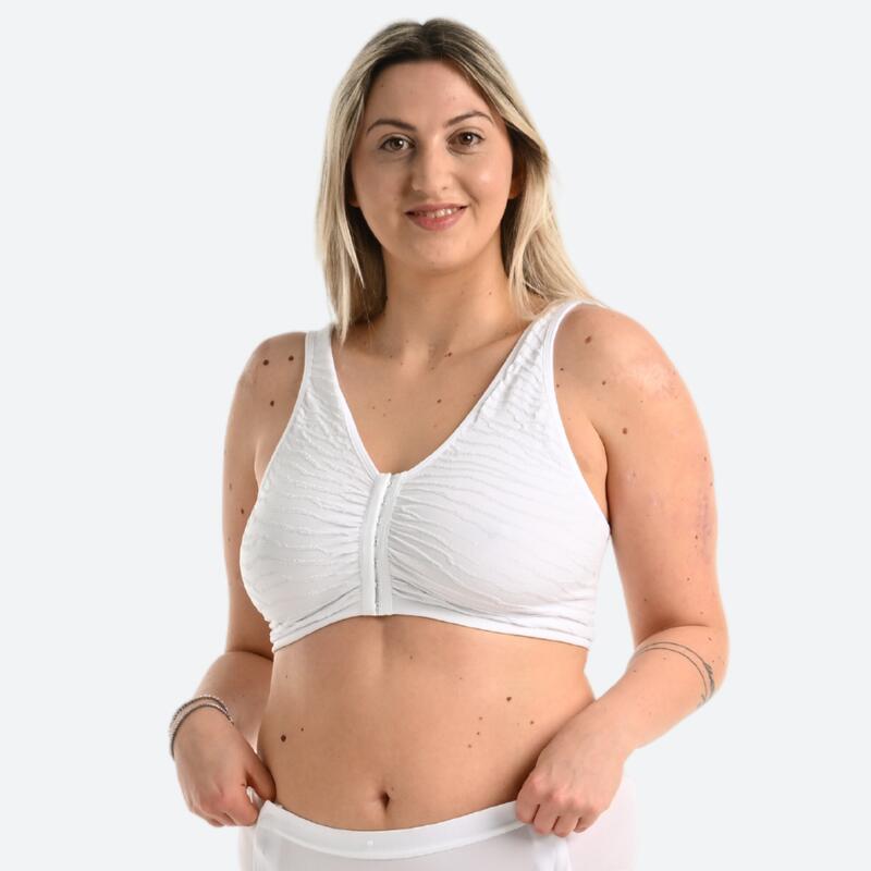 Reggiseno sportivo donna palestra sostegno leggero apertura davanti bianco