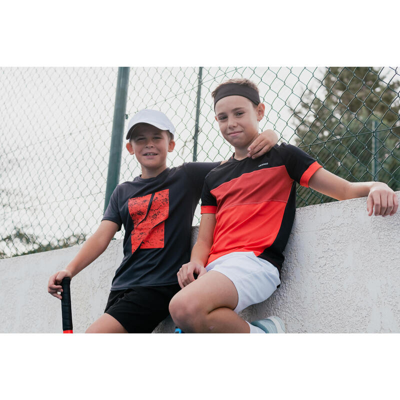 T-shirt tennis bambino TTS 500 DRY nero-rosso