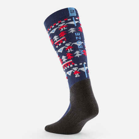 CHILDREN'S SKI AND SNOWBOARD SOCKS 100 - BLUE PATTERNED