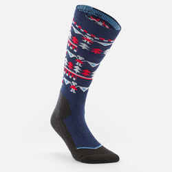 CHILDREN'S SKI AND SNOWBOARD SOCKS 100 - BLUE PATTERNED