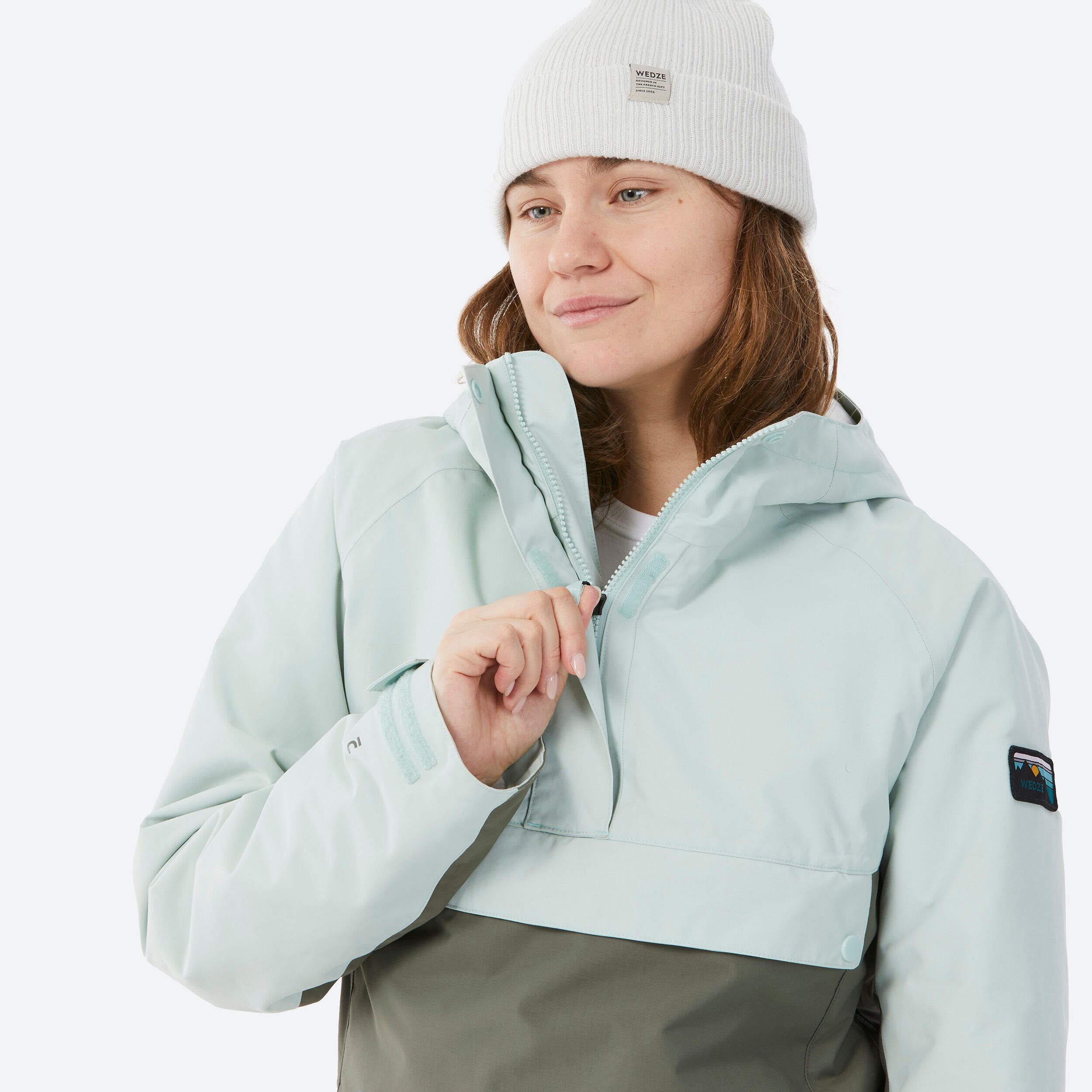 WOMEN'S SNB 100 SKI AND SNOWBOARD HALF ZIP JACKET (ANORAK) - KHAKI 12/15