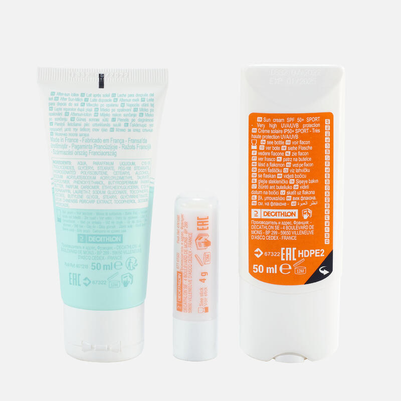 Kit solaire : crème SPF 50+ / stick lèvres SPF 50+ / gel après soleil