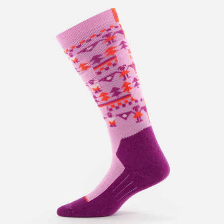 CHILDREN'S SKI AND SNOWBOARD SOCKS 100 - PINK PATTERNED