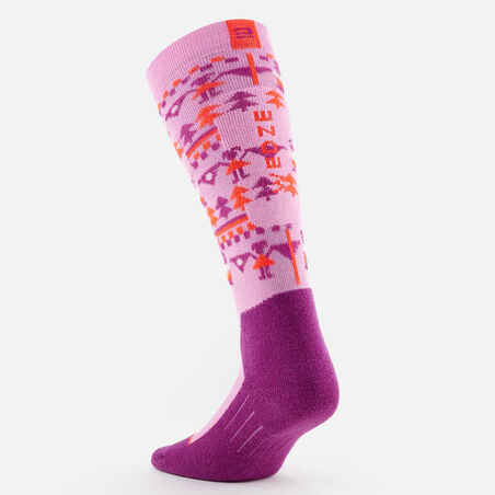 CHILDREN'S SKI AND SNOWBOARD SOCKS 100 - PINK PATTERNED