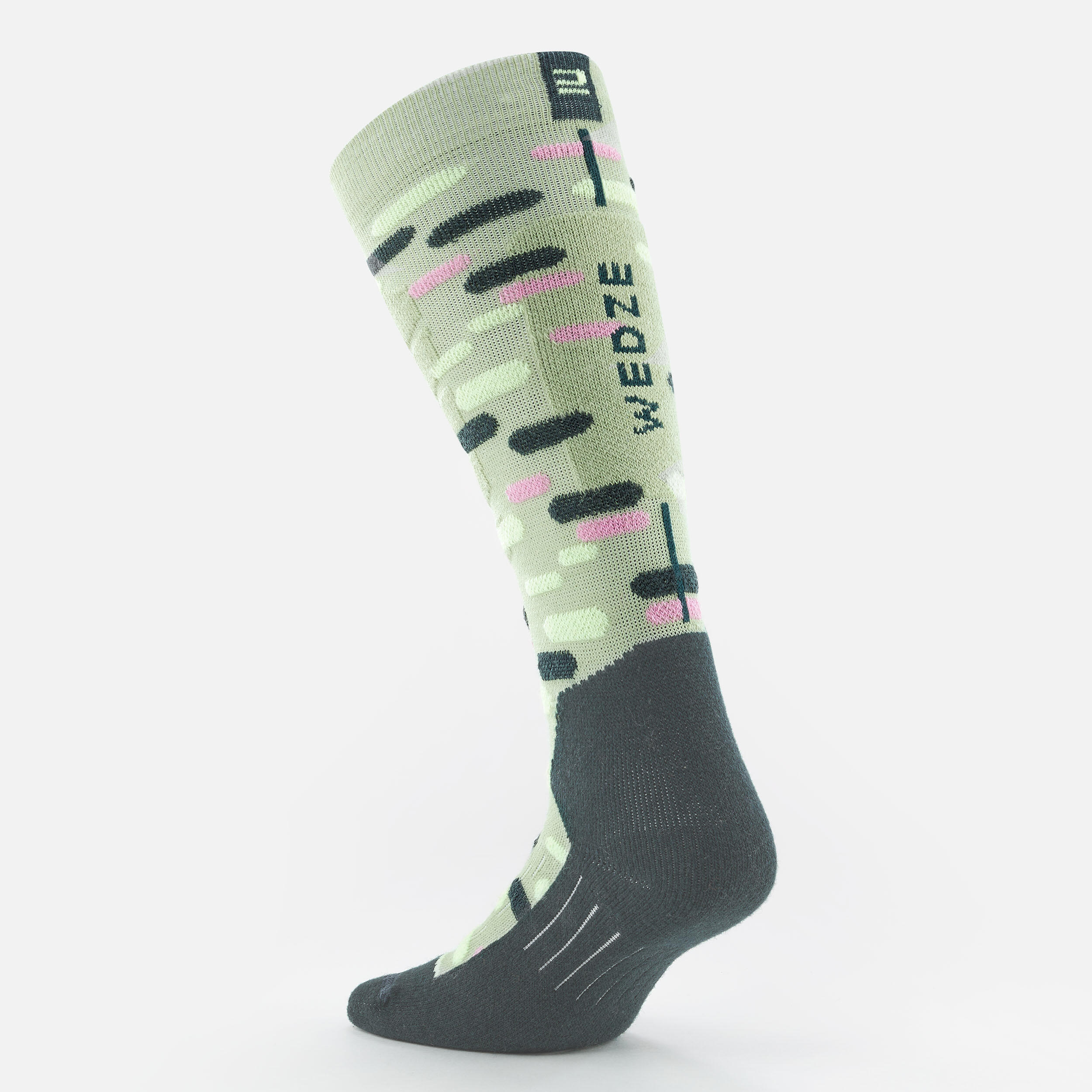 CHILDREN'S SKI AND SNOWBOARD SOCKS 100 - GREEN PATTERNS