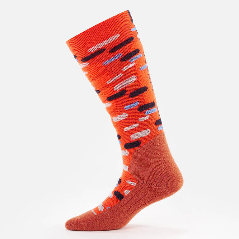 CHILDREN'S SKI AND SNOWBOARD SOCKS 100 - ORANGE PATTERNED