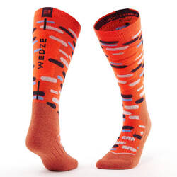 CHILDREN'S SKI AND SNOWBOARD SOCKS 100 - ORANGE PATTERNED