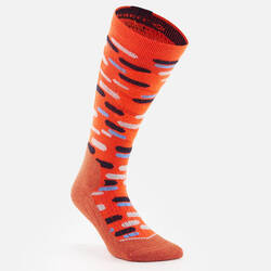 CHILDREN'S SKI AND SNOWBOARD SOCKS 100 - ORANGE PATTERNED