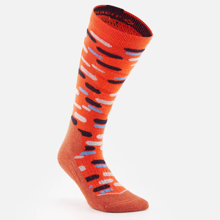 CHILDREN'S SKI AND SNOWBOARD SOCKS 100 - ORANGE PATTERNED