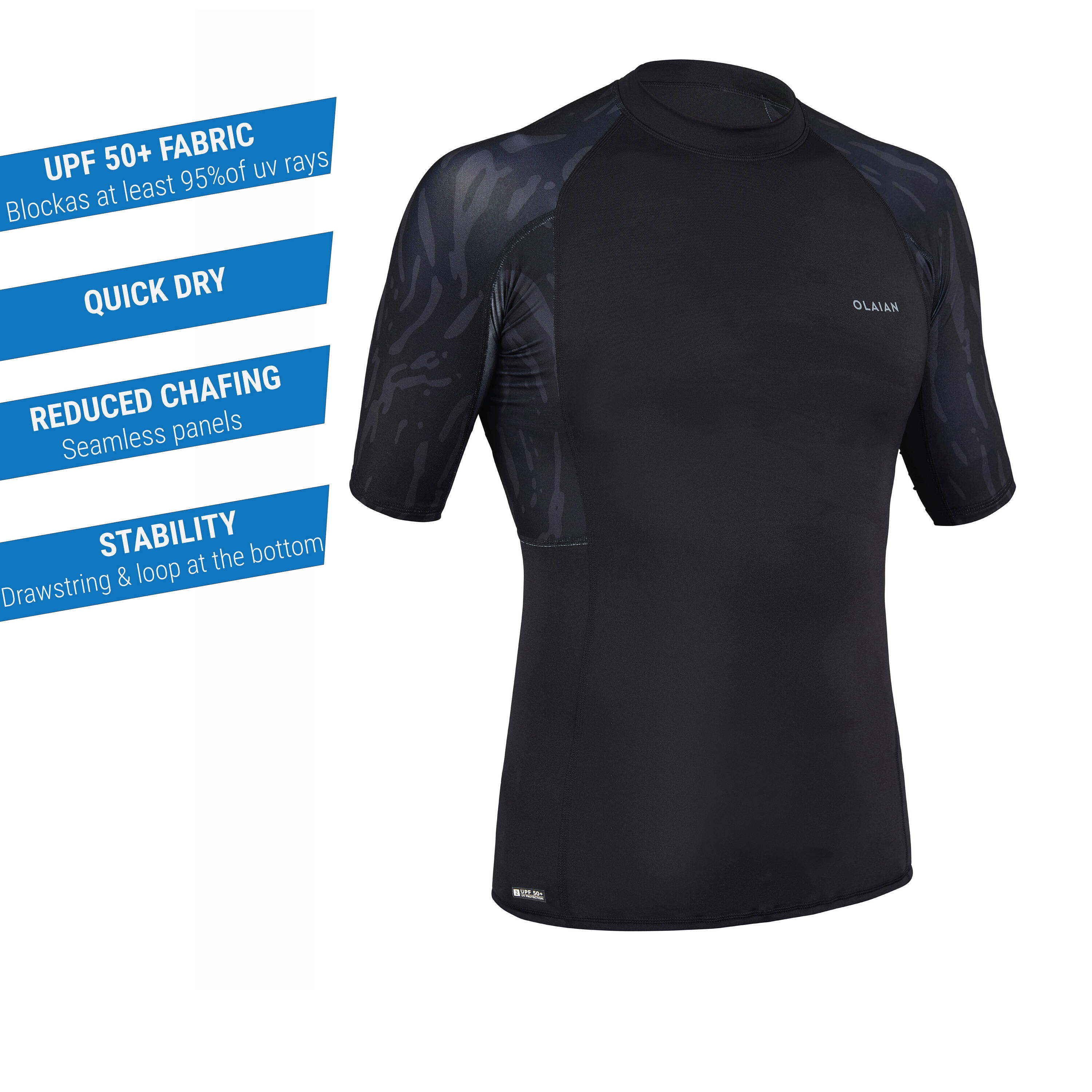 Men Surfing T-Shirt UV Protection Top- 500 Black -  2